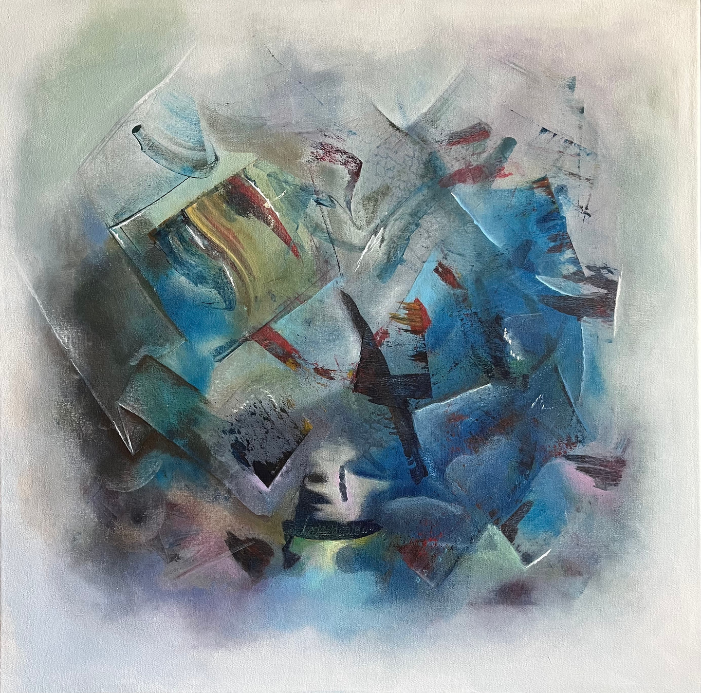 Pintura en azules, grises y lilas con planos difuminados y pequeños trazos rojos