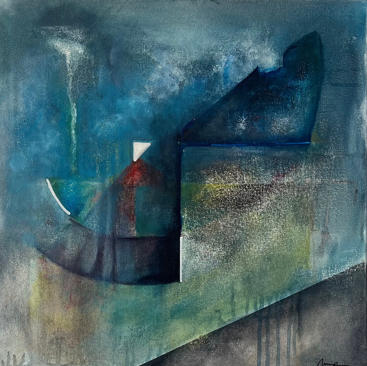 Pintura en azules y grises con una forma angular oscura y un pequeño techo rojo