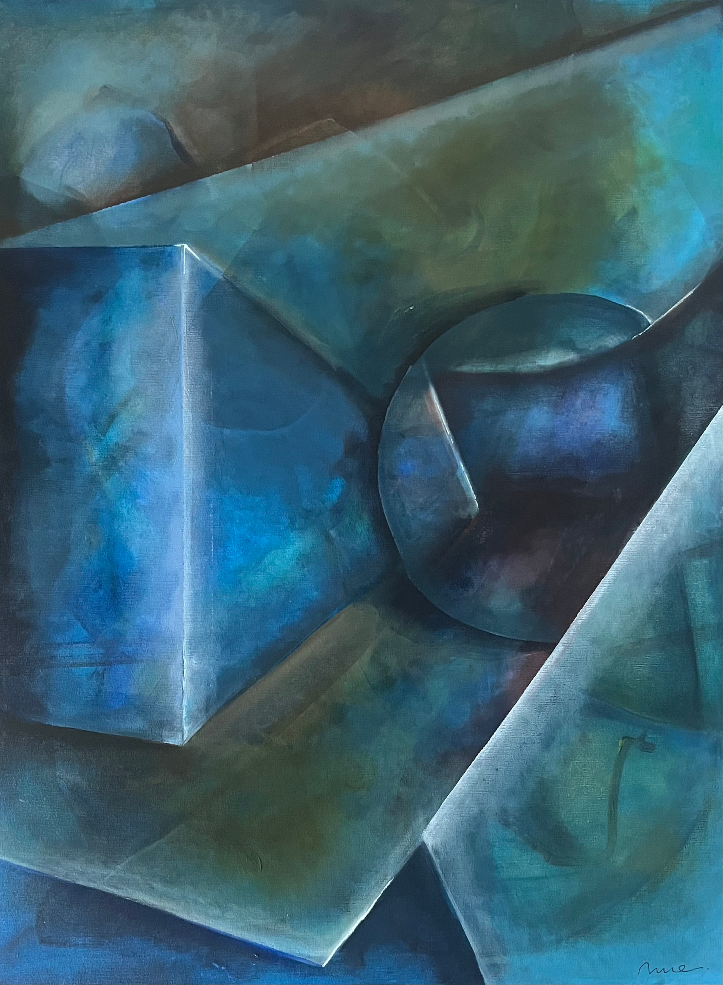 Pintura en azules verdosos con planos translúcidos y un círculo