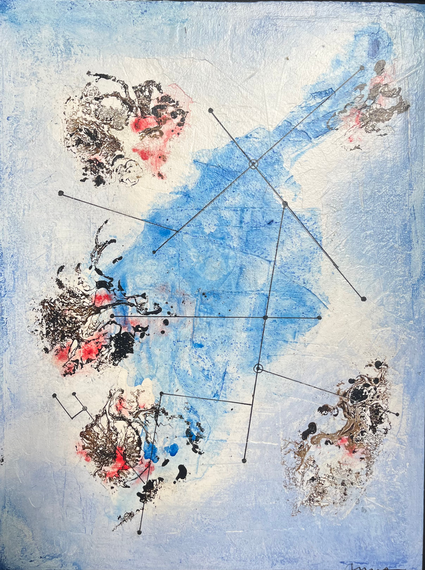 Pintura vertical en azul claro con manchas oscuras y rosas unidas por líneas finas