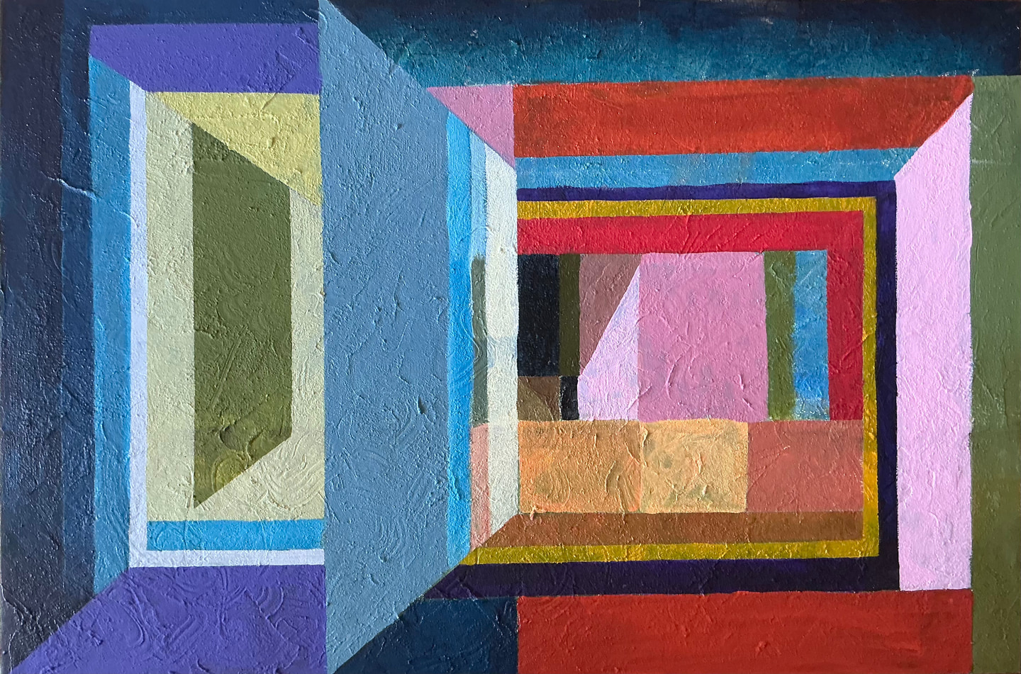 Pintura abstracta de Marina Elizalde con formas arquitectónicas en azul, rojo, rosa y verde