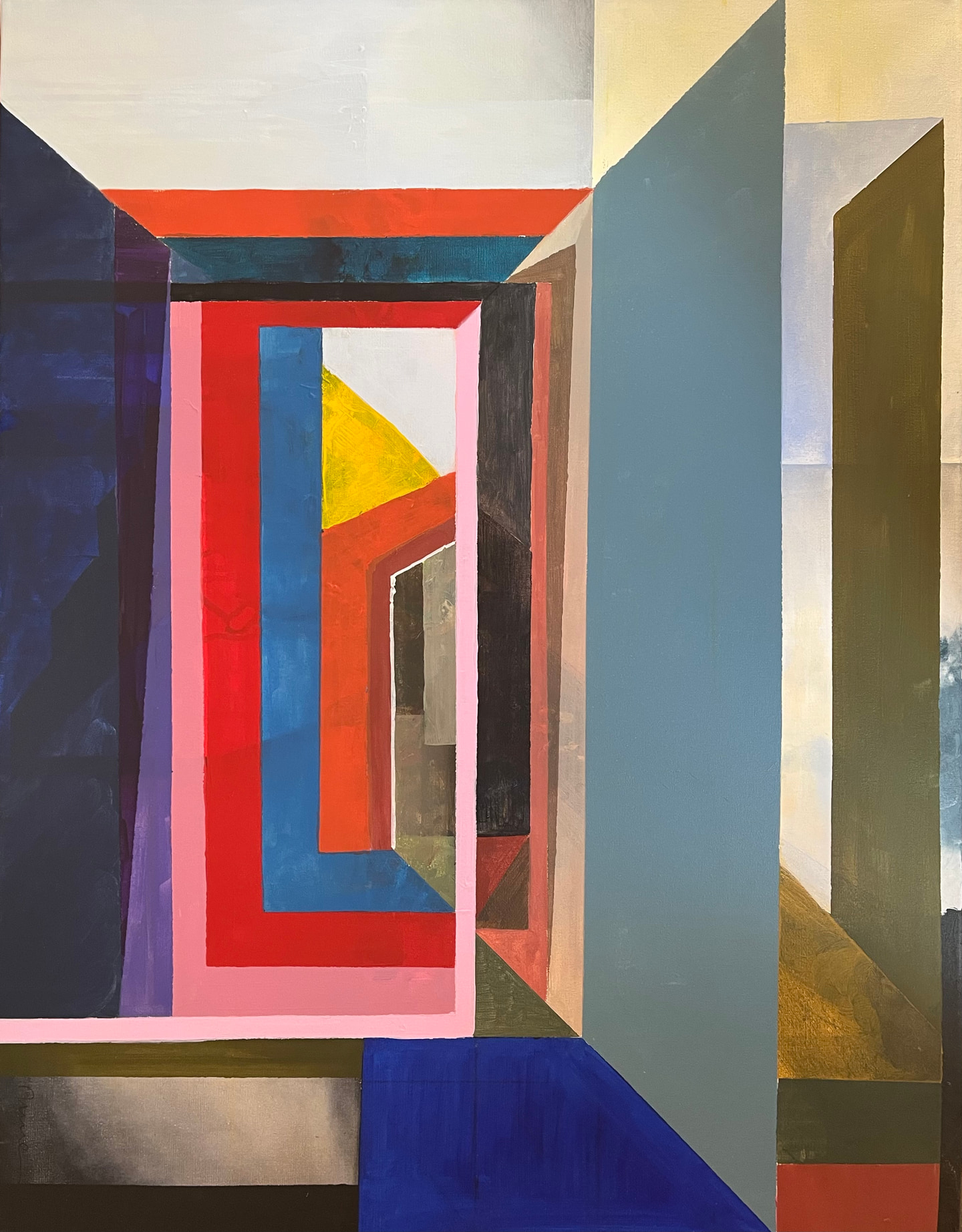 Pintura de un pasillo en perspectiva con marcos rojos, rosas y azules