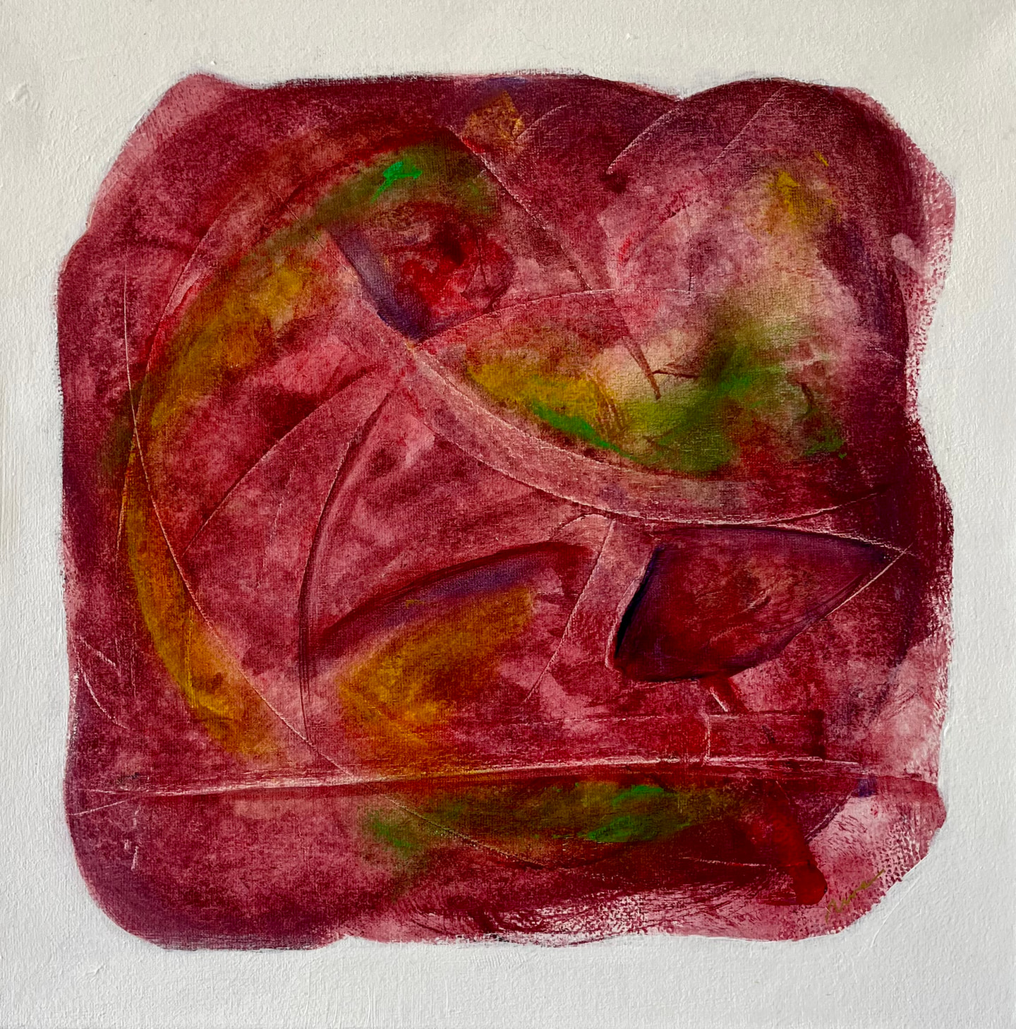 Pintura en rojos con toques amarillos y verdes y líneas curvas grabadas