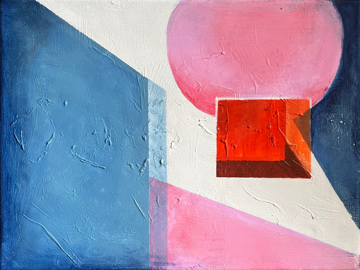 Pintura geométrica con un plano azul, un círculo rosa y un cuadrado rojo en relieve sobre fondo blanco