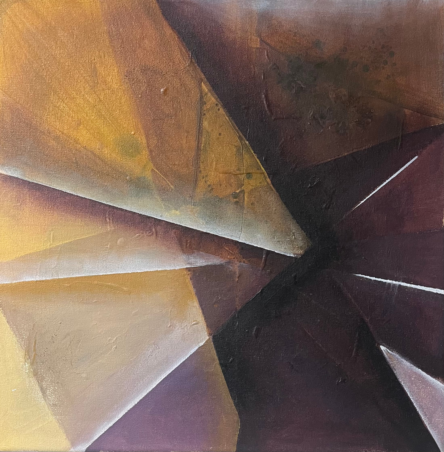 Pintura con planos que convergen en un punto, en ocres, violetas y marrones