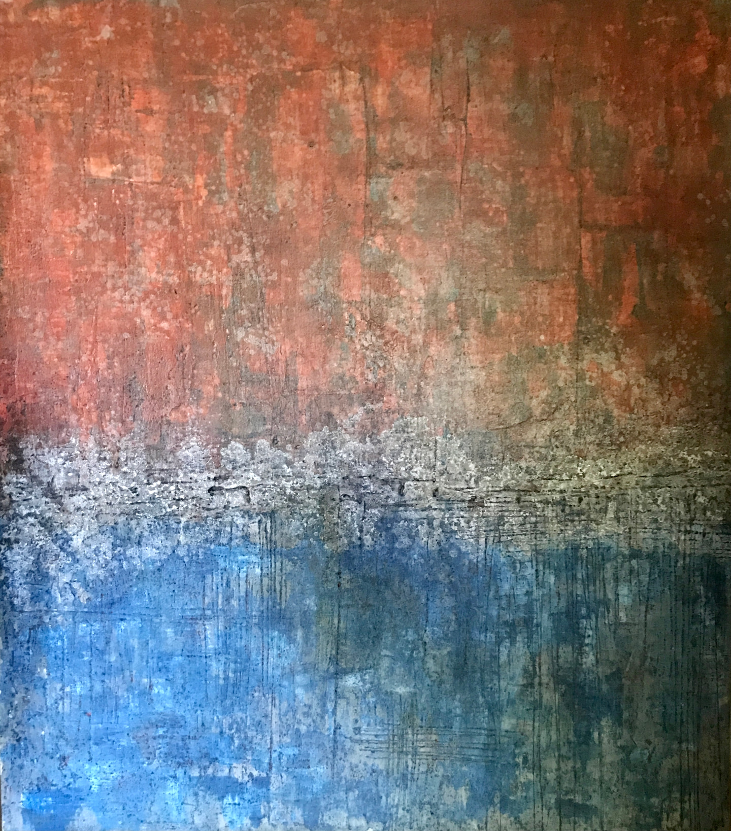 Pintura con un plano rojo sobre un plano azul separados por una franja blanca