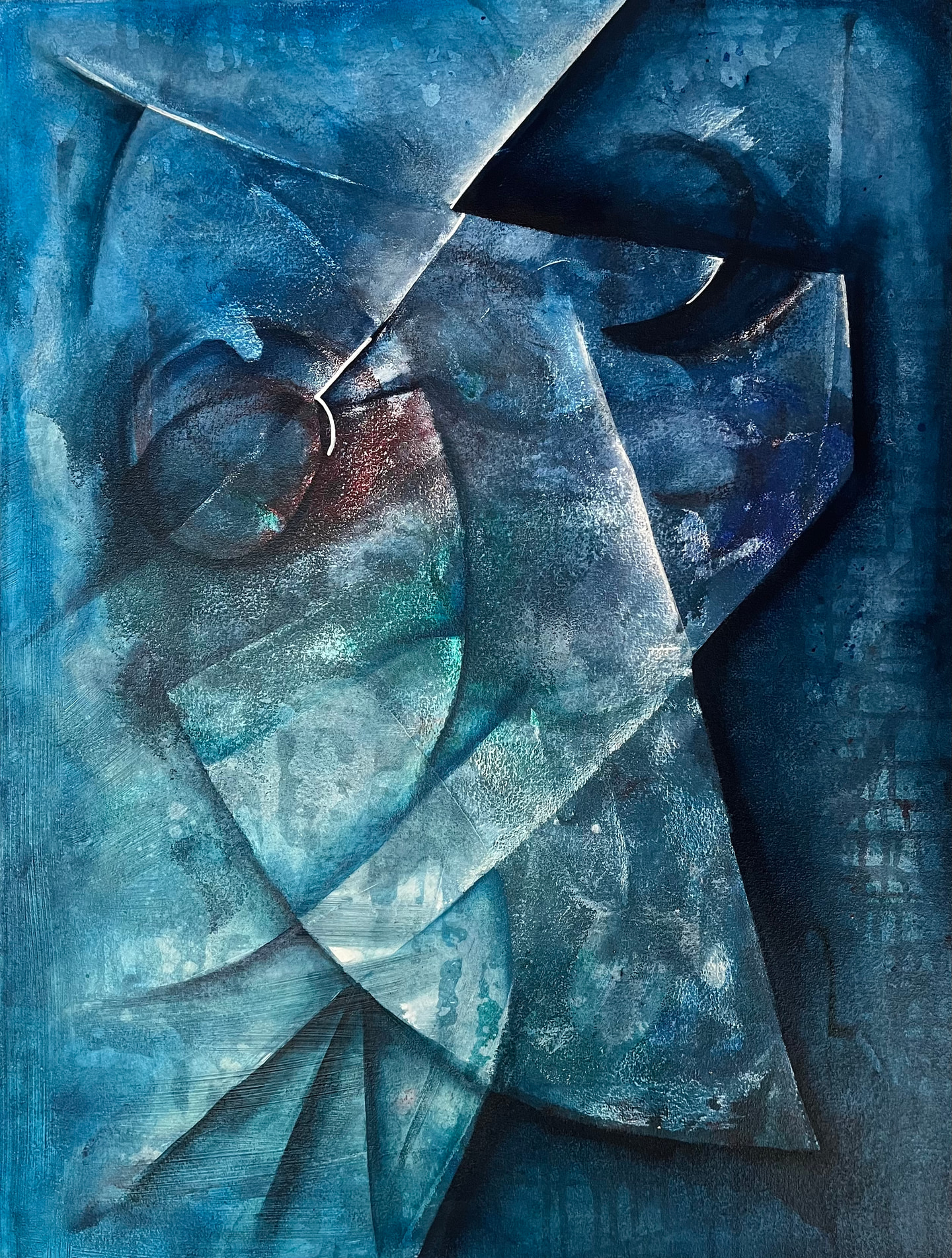Pintura en azules oscuros con planos angulares y círculos superpuestos